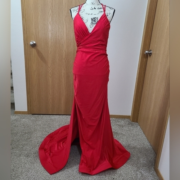 Rachel Allan 70289W red ruched beaded tie v-neck slit prom formal pageant dress - Picture 2 of 5